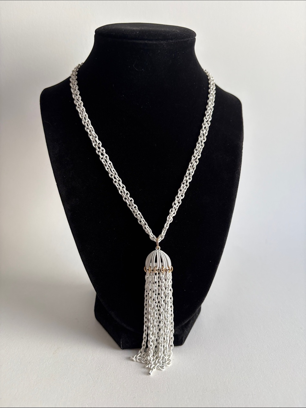 Vintage Crown Trifari White Enamel Tassel Pendant Necklace
